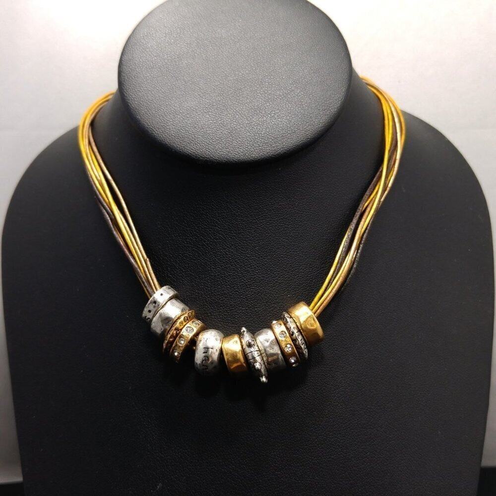 Chico's Silver & Gold Charm Necklace Leather Cords, 18 Inches